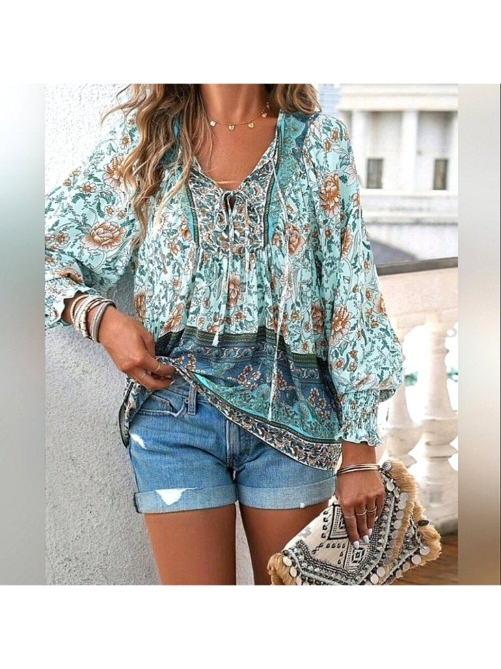 New Boho Flowy Floral Tie Top Blouse Shirt Light Green Teal Blue Tan White